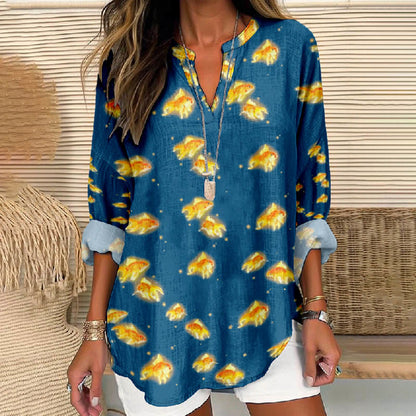 Women's Lovely Blowing Jellyfish Printed V Neck Long Sleeve Blouse - Dark Blue - 8XL - image 2