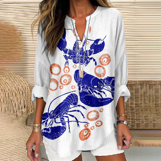 Women's Funny Bubble Lobster Printed V Neck Long Sleeve Blouse - White - 8XL - image 1