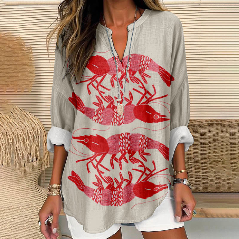 Women's Creative Abstract Red Lobster Printed V Neck Long Sleeve Blouse - Khaki - 8XL - image 1