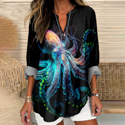 Women's Fantasy Blowing Octopus Printed V Neck Long Sleeve Blouse - Black - 8XL - image 1