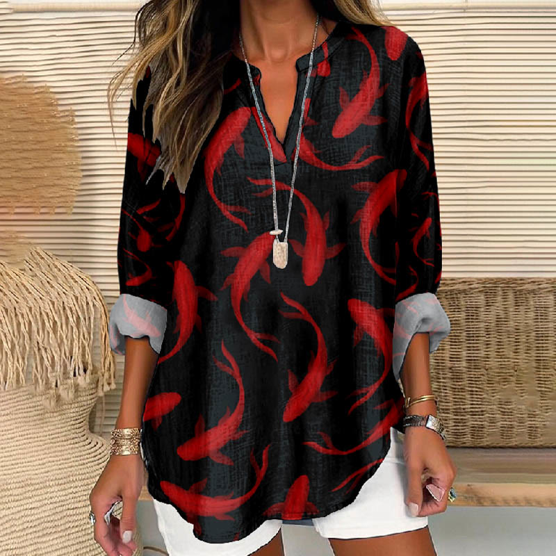 Women's Watercolor Swimming Koi Fish Printed V Neck Long Sleeve Blouse - Black - 8XL - image 1