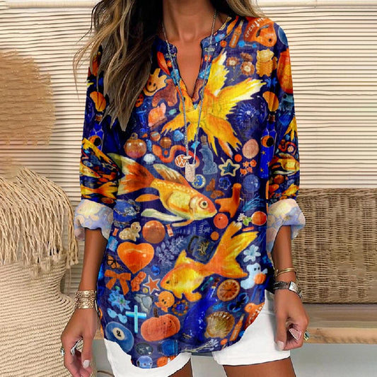 Women's Wonderful Underwater World Printed V Neck Long Sleeve Blouse - Multicolor - 8XL - image 1