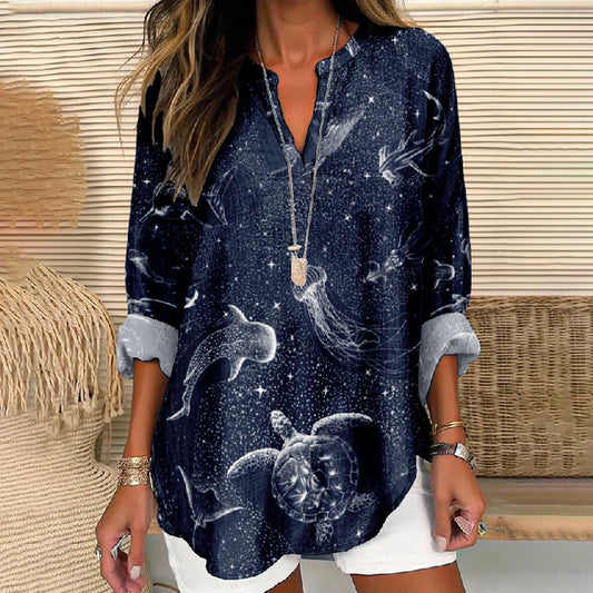 Women's Fantasy Starry Underwater Ocean Animals Printed V Neck Long Sleeve Blouse - Dark Blue - 8XL - image 1