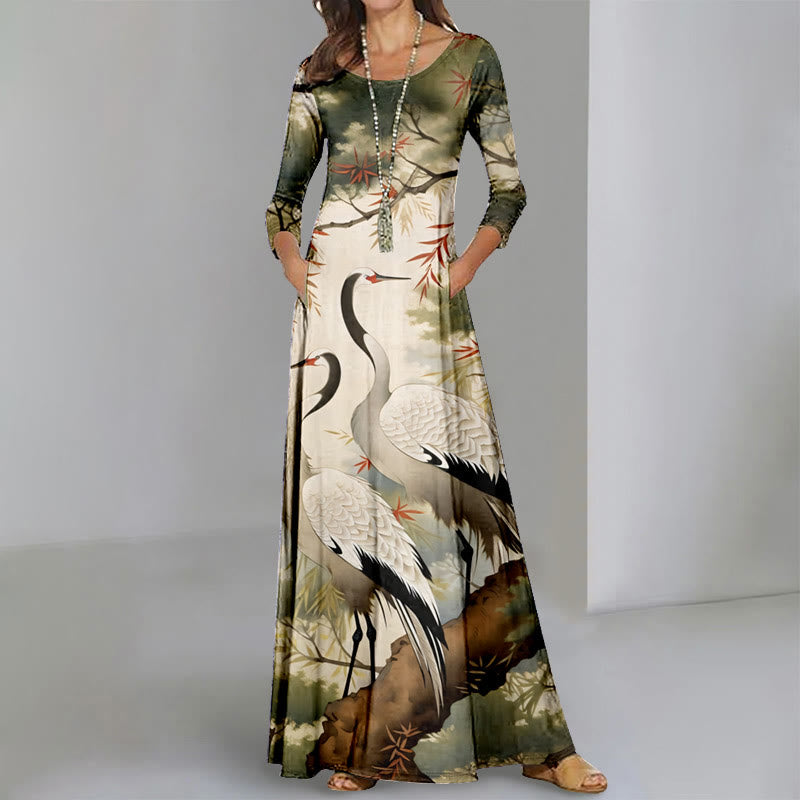 Women's Oil Painting Chirping Crane Floral Print Long Sleeve Maxi Dress - Apricot - 6XL - image 1