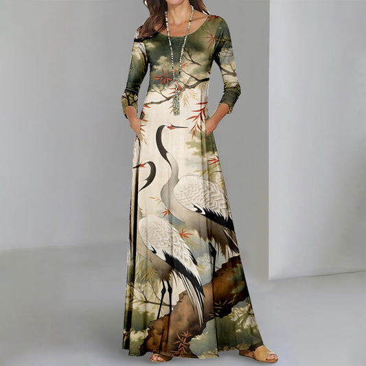 Women's Oil Painting Chirping Crane Floral Print Long Sleeve Maxi Dress - Apricot - 6XL - image 1