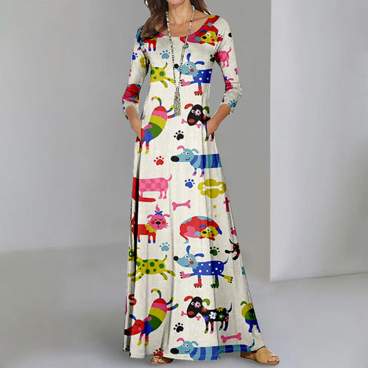 Women's Multiple Colorful Pet Dogs Paradise Art Print Long Sleeve Maxi Dress - Multicolor - 6XL - image 1