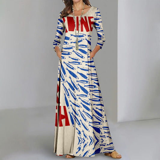 Women's Casual Fresh Sardines Art Print Long Sleeve Maxi Dress - Blue - 6XL - image 1
