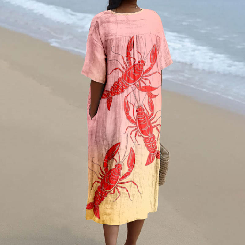 Women's Lovely Swimming Lobster Print Short-sleeved Midi Dress - image 2