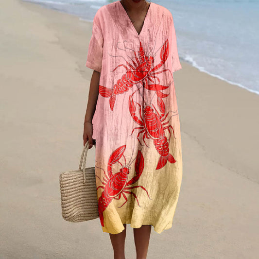 Women's Lovely Swimming Lobster Print Short-sleeved Midi Dress - Pink - 5XL - image 1
