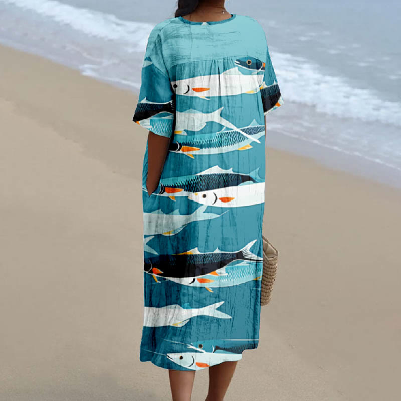 Women's Creative Funny Fish Print Short-sleeved Midi Dress - image 2