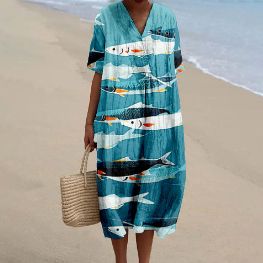 Women's Creative Funny Fish Print Short-sleeved Midi Dress - Blue - 5XL - image 1