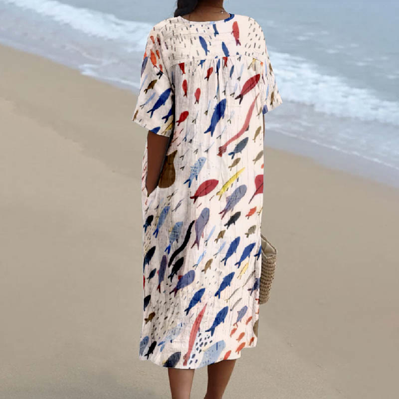 Women's Multicolor Lovely Little Fish Print Short-sleeved Midi Dress - image 2
