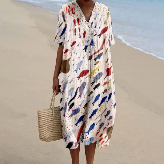 Women's Multicolor Lovely Little Fish Print Short-sleeved Midi Dress - Multicolor - 5XL - image 1