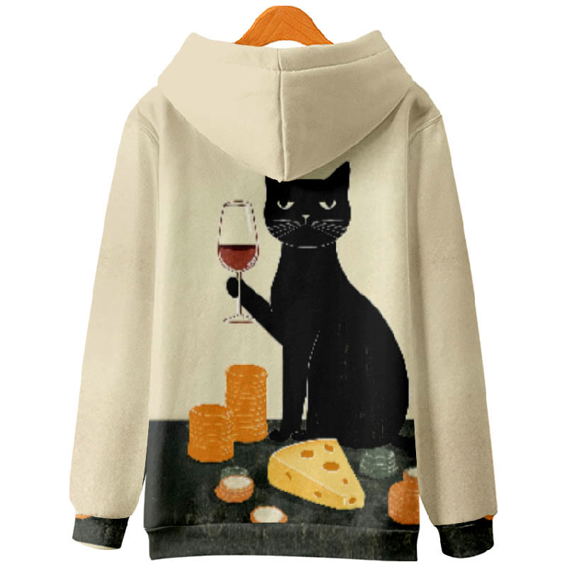 Women's Lovely Wine Black Cat Art Print Long Sleeve Hoodie - image 2