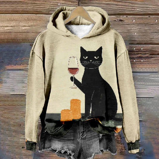 Women's Lovely Wine Black Cat Art Print Long Sleeve Hoodie - Apricot - 8XL - image 1