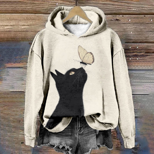 Women's Japanese Black Cat And Butterfly Art Print Long Sleeve Hoodie - Apricot - 8XL - image 1