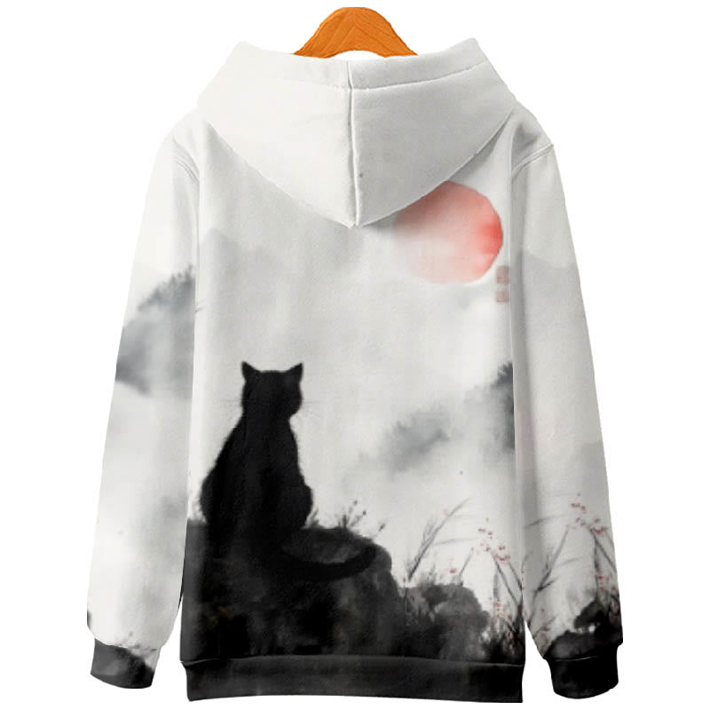 Women's Lovely Cat Back View Watch Sun Art Print Long Sleeve Hoodie - image 2