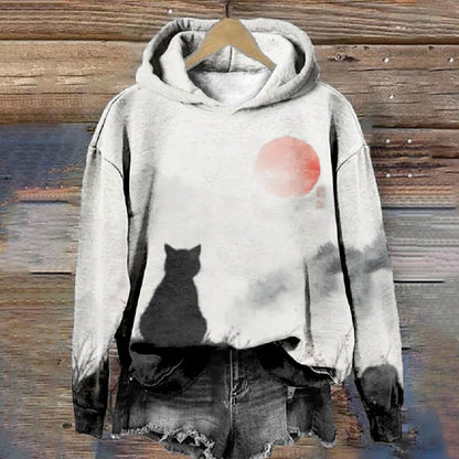Women's Lovely Cat Back View Watch Sun Art Print Long Sleeve Hoodie - Light Gray - 8XL - image 1