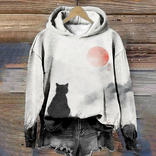 Women's Lovely Cat Back View Watch Sun Art Print Long Sleeve Hoodie - Light Gray - 8XL - image 1