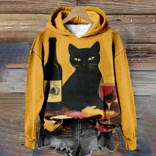 Women's Funny Cat Wine And Foods Art Print Long Sleeve Hoodie - Yellow - 8XL - image 1