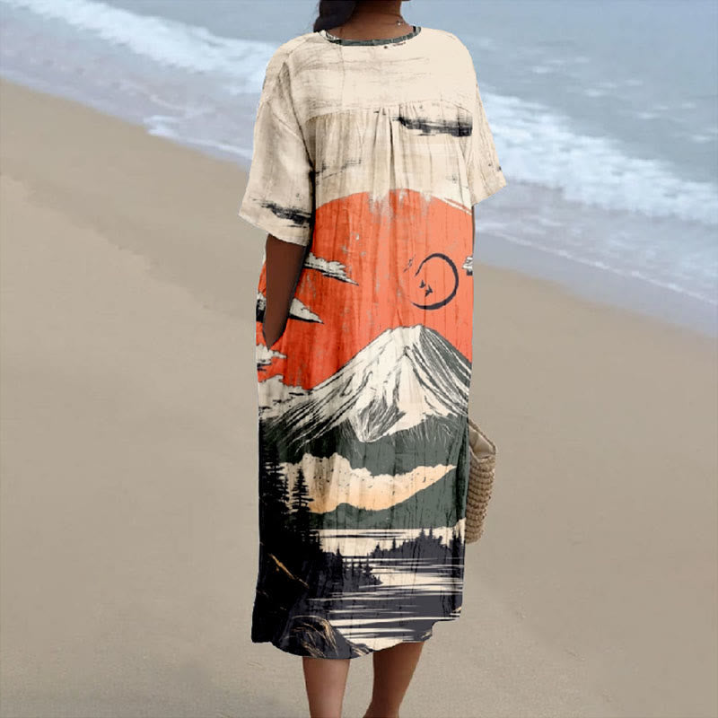 Women's Abstract Sun And Mount Fuji Print Short-sleeved Midi Dress - image 2