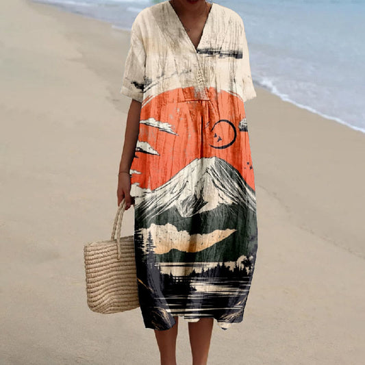 Women's Abstract Sun And Mount Fuji Print Short-sleeved Midi Dress - Multicolor - 5XL - image 1
