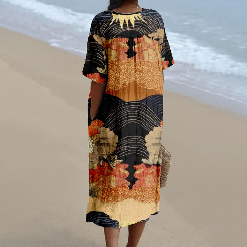 Women's Vintage Curve Floral Art Print Short-sleeved Midi Dress - image 2