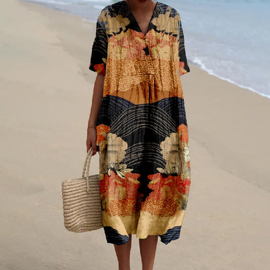 Women's Vintage Curve Floral Art Print Short-sleeved Midi Dress - Multicolor - 5XL - image 1