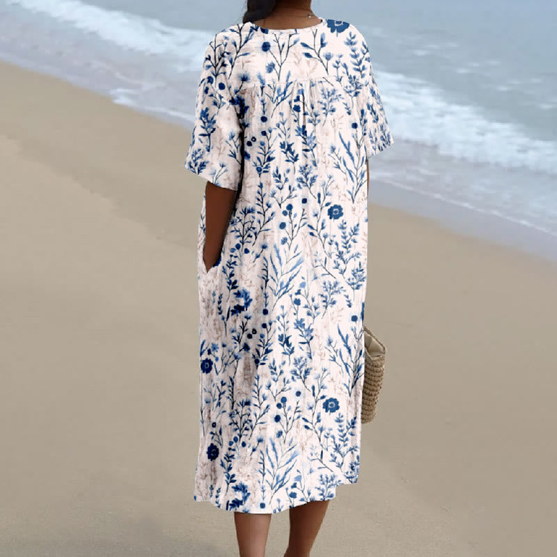Women's Blue Watercolor Floral Print Short-sleeved Midi Dress - image 2