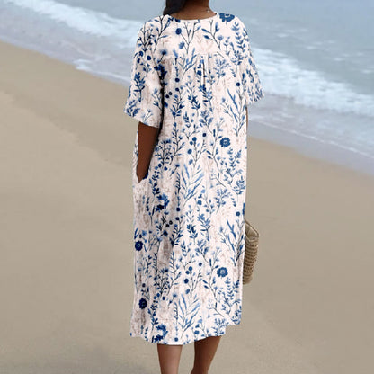 Women's Blue Watercolor Floral Print Short-sleeved Midi Dress - image 2