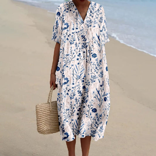 Women's Blue Watercolor Floral Print Short-sleeved Midi Dress - Blue - 5XL - image 1