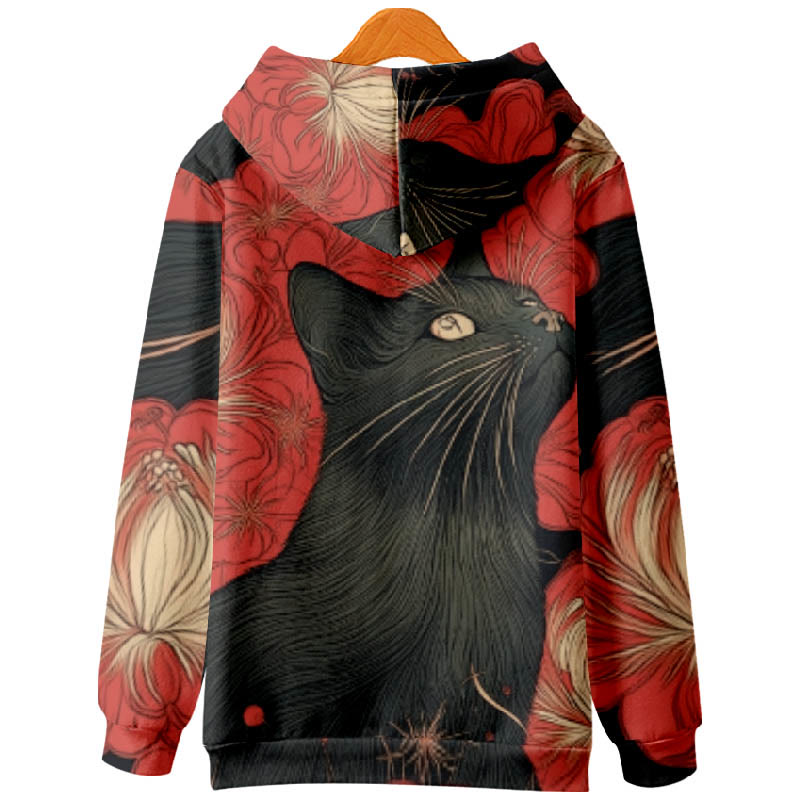 Women's Elegant Black Cat Floral Art Print Long Sleeve Hoodie - image 2