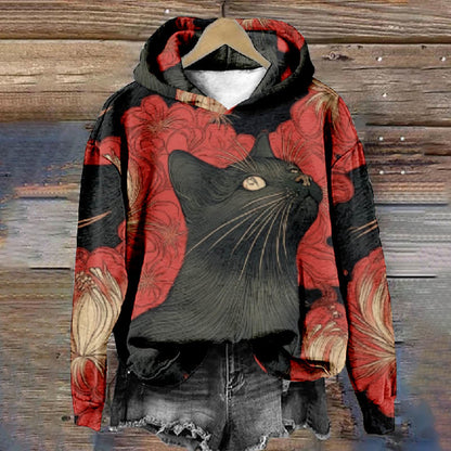 Women's Elegant Black Cat Floral Art Print Long Sleeve Hoodie - Black - 8XL - image 1