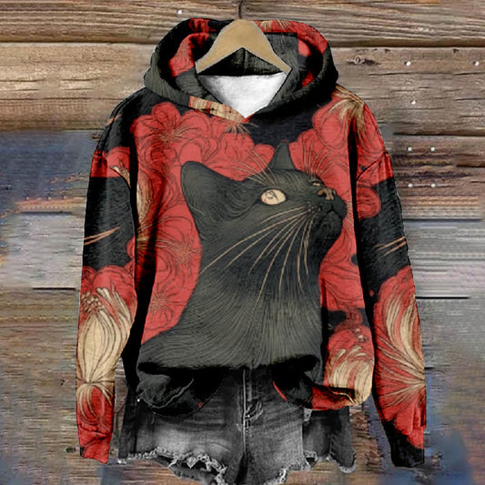 Women's Elegant Black Cat Floral Art Print Long Sleeve Hoodie - Black - 8XL - image 1