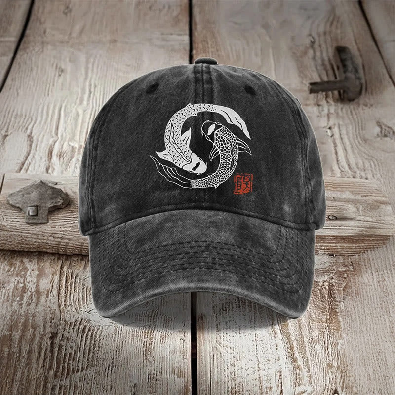 Carp Fish Contrast Japanese Lino Art Print Washed Cap - Black - one size - image 1