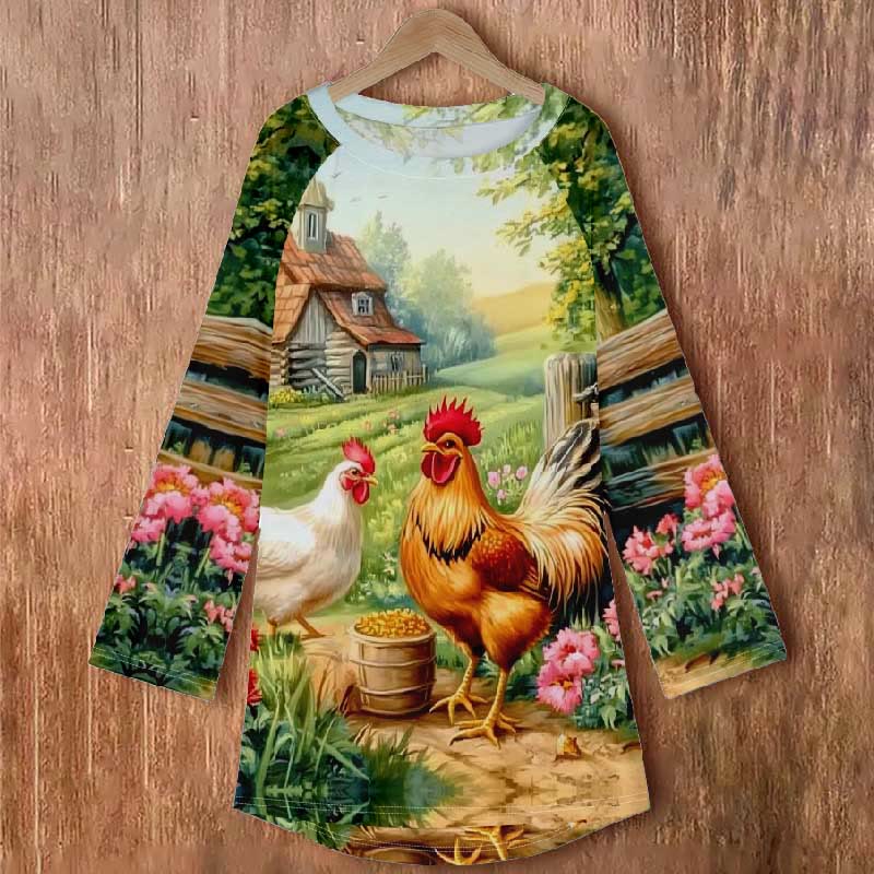 Women's Pastoral Rooster Floral Art Long Sleeved Tunic - image 2