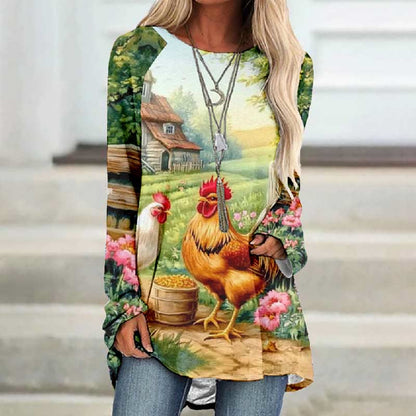 Women's Pastoral Rooster Floral Art Long Sleeved Tunic - Multicolor - 8XL - image 1