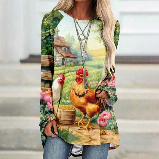 Women's Pastoral Rooster Floral Art Long Sleeved Tunic - Multicolor - 8XL - image 1