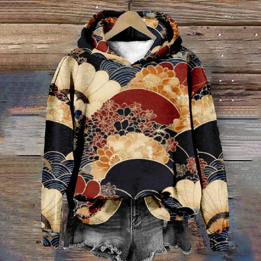 Women's Retro Fan-shaped Floral Pattern Art Print Long Sleeve Hoodie - Multicolor - 8XL - image 1
