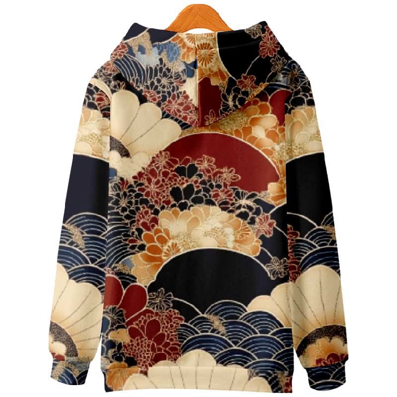 Women's Retro Fan-shaped Floral Pattern Art Print Long Sleeve Hoodie - image 2