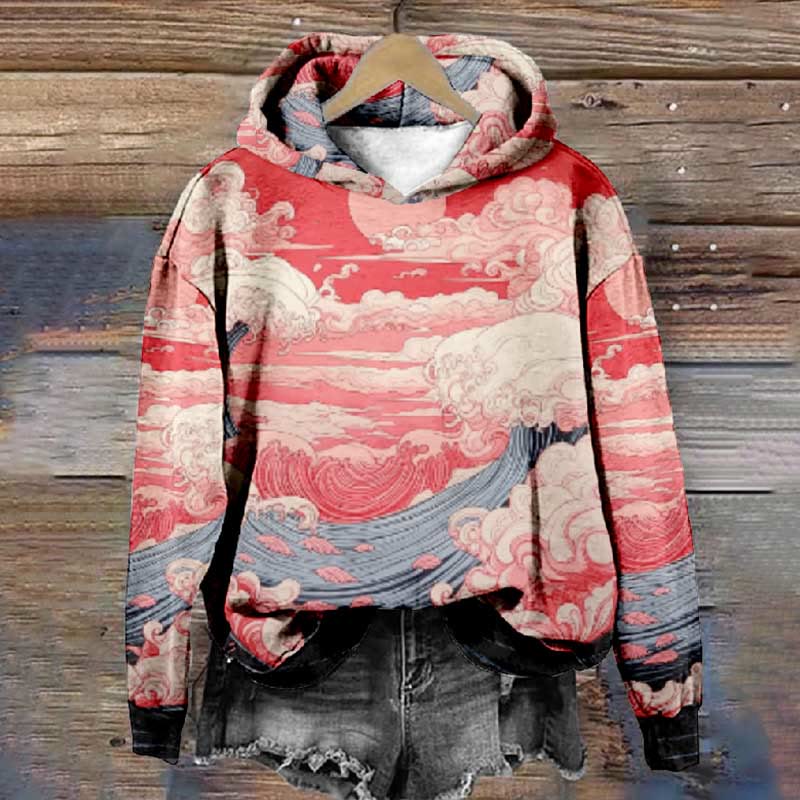 Women's Cloudy Red Sky And Ocean Wave Art Print Long Sleeve Hoodie - Red - 8XL - image 1