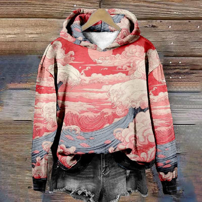 Women's Cloudy Red Sky And Ocean Wave Art Print Long Sleeve Hoodie - Red - 8XL - image 1