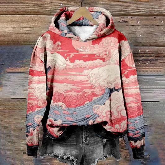 Women's Cloudy Red Sky And Ocean Wave Art Print Long Sleeve Hoodie - Red - 8XL - image 1