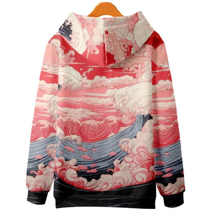 Women's Cloudy Red Sky And Ocean Wave Art Print Long Sleeve Hoodie - image 2