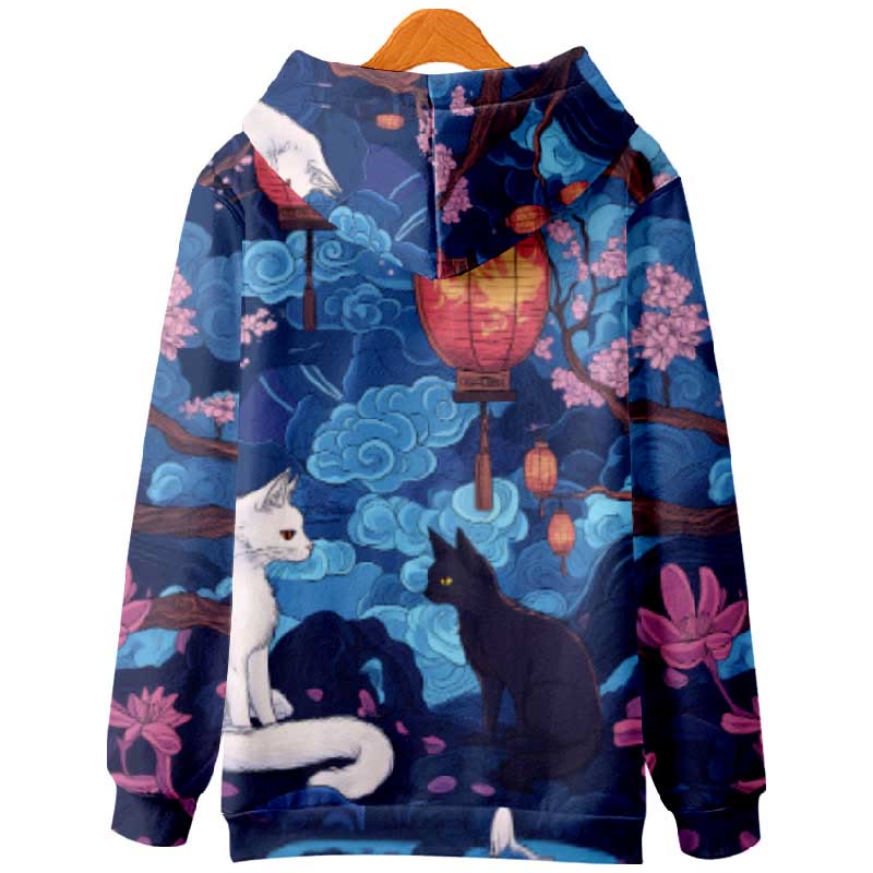 Women's Japanese Lantern Floral Cats Art Print Long Sleeve Hoodie - image 2