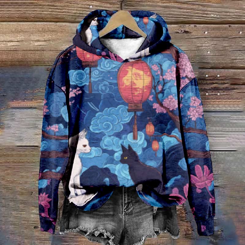Women's Japanese Lantern Floral Cats Art Print Long Sleeve Hoodie - Multicolor - 8XL - image 1