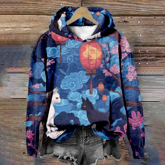 Women's Japanese Lantern Floral Cats Art Print Long Sleeve Hoodie - Multicolor - 8XL - image 1