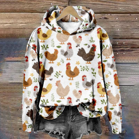 Women's Funny Rooster Leaf Pattern Art Print Long Sleeve Hoodie - Multicolor - 8XL - image 1