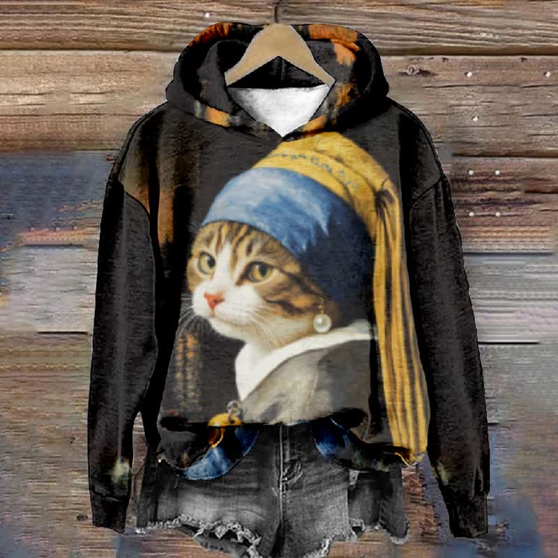 Women's Elegant Long Hat Cat Art Print Long Sleeve Hoodie - Black - 8XL - image 1