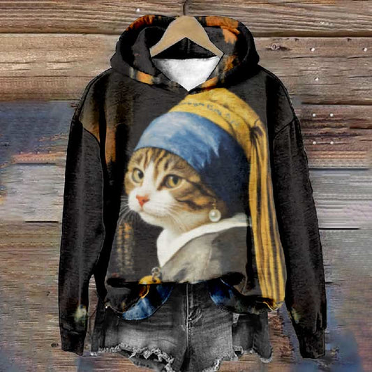 Women's Elegant Long Hat Cat Art Print Long Sleeve Hoodie - Black - 8XL - image 1